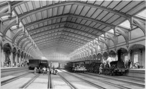Engraving print of the inside of Isambard Kingdom Brunel's train-shed at Bristol Temple Meads railway station in the UK