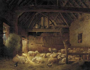 A flock of sheep in a stable