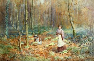 Woodland scene, with young woman and child gathering primroses