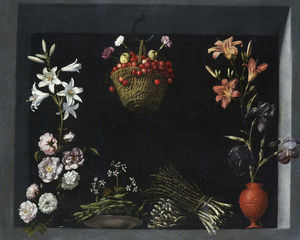Still life with flowers, vegetables and a basket of cherries