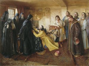 Tsar Ivan the Terrible asks hiegumen Kornily to admit him into monks