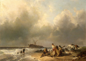 Figures on the beach, a schip wreck in the breakers
