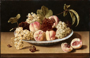 Still Life with peaches and grapes in a chinese bowl