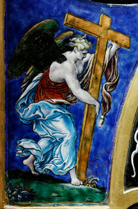 Angelo con la croce e san Veronica's velo , particolare un pala daltare con lestensione Resurrezione , Limoges opera darte .