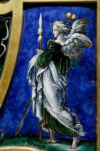 Engel mit dem Schwamm und Lanze, zwei Instrumente der Passion Christi, Ausschnitt aus einem Altarbild mit der Auferstehung, Limoges Kunstwerk.