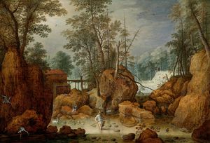 A fisherman in a river in a wooded landscape