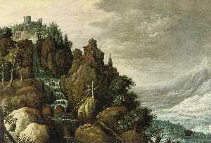 A mountainous landscape with a waterfall and a fortification on the rocks, figures conversing in the foreground
