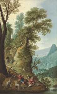 A mountainous landscape with goatherds in the foreground, and a grotto beyond