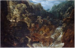 A Rocky Landscape with a Waterfall - the Flight into Egypt