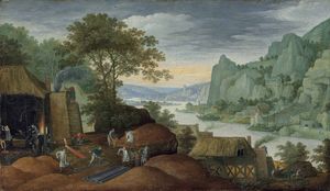 A rocky landscape with figures by an iron foundry, a river and houses on the bank beyond