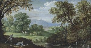A wooded river landscape with figures hunting ducks and stags, a hilltop village beyond