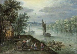 A wooded, river landscape with a sailing boat, figures with a horse and cart on a track in the foreground