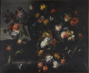 Still lifes of mixed flowers in urns and baskets
