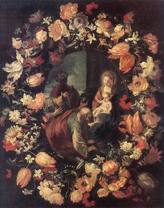 Adoración de los Reyes Magos en una guirnalda de flores
