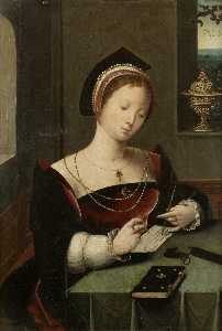 A woman as the Magdalen writing at a table in an interior.