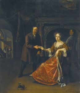 An elegant lady seated in an interior receiving a letter from a footman