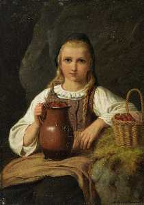 Girl in costume with strawberries in basket and jug