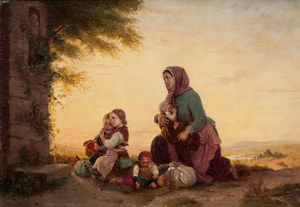 Mother with children in front of a shrine