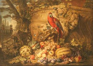 Still Life of Fruit with a Parrot in a Garden