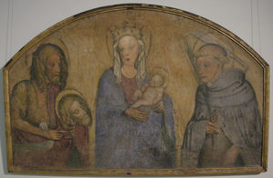 Ambito di Michelino da Besozzo, Madonna col bambino e i santi Giovanni Battista e Pietro Martire