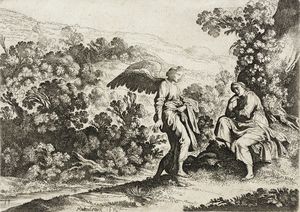 Ángel y figura sentada en un paisaje