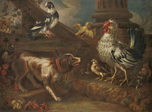 A farmyard still life with a spaniel, a cockerel, chicks, and a pigeon