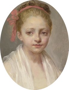 Ritratto di una ragazza che indossa una camicia bianca, un nastro rosso tra i capelli