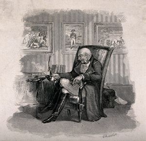 一位老拿破仑的士兵坐在他的扶手椅做梦