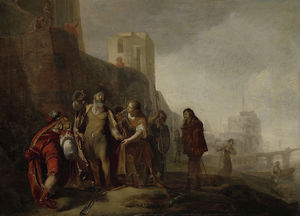 Gli inviati di Alessandro Magno occupano il giardiniere Abdalonymos insignien con la dignità del re di Sidone