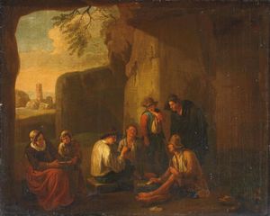Peasants playing cards in a grotto, ancient ruins beyond