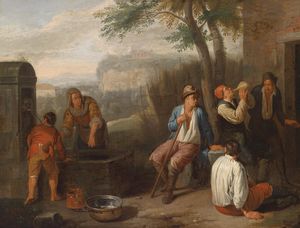 Southern landscape with drinking at a fountain compatriots