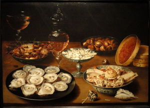 Plats avec des huîtres, des fruits et du vin, par Osias Beert l Ancien, flamande,