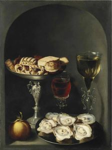 Ostras en una placa de peltre, dulces y galletas en un tazza plata, dos copas de vino façon de Venise y una naranja en un nicho