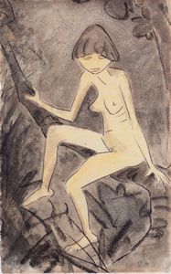 Naked woman sitting on branch
