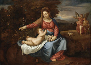 Madonna y niño, y el ángel de Tobia