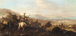 Bataille de cavalerie avec une ville au loin vers la droite
