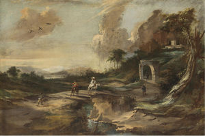Landscape with hikers on a bridge