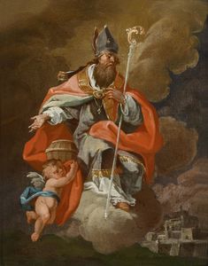 St. Rupertus y un ángel flotando con la olla de sal, su atributo, sobre Salzburgo