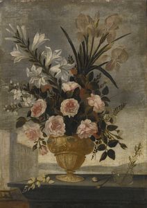 Still Life of Iris, Lilies, Roses and Carnations In Elaborate Urn