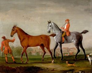Two Racehorses with Grooms and Hounds in the Park at Newstead Abbey, Nottinghamshire