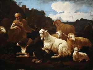 Un berger et son troupeau dans un paysage