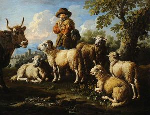 Pastore con gli ovini ei caprini