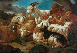 Pastor con perro, cabras y ovejas