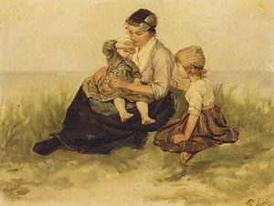 A mother and her children in the dunes