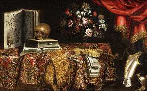 Vanitas with Violin, Sheet Music, Flower and Skull