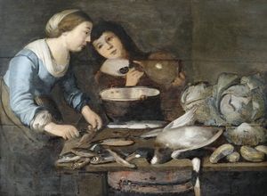 Kitchen interior with a pair of servants in the processing of fish, on the worktable cabbages and a duck
