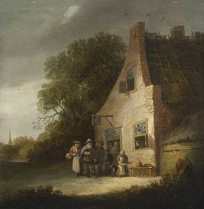 Peasants standing at the entrance to an inn, listening to a man playing the hurdy-gurdy.