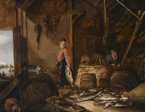 Un pescador en su granero con los pescados de agua dulce, una mujer en el fondo