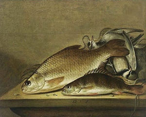 A still life with fish and birds on a wooden ledge