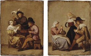 Drinking peasant courting a young lady with an angry young gentleman nearby and A gentleman drinking with an old woman, a young lady nearby